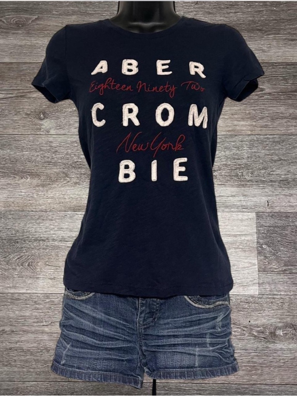 Abercrombie & Fitch Navy Short Sleeve Logo Tee with Red Script